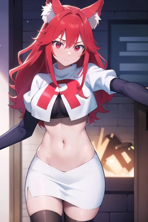 masterpiece, perfect lighting, (beautiful, best quality:1.3), perfect eyes, absurdres, 8k,
1girl, solo, (absurdres), finely detail,
flay_strongest, long hair, wolf ears, , wolf girl, red eyes, red hair,
team rocket,team rocket uniform,white skirt,red lette...
