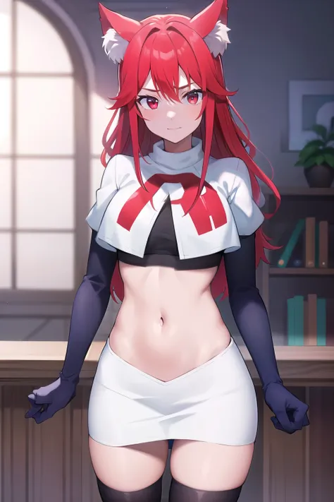 masterpiece, perfect lighting, (beautiful, best quality:1.3), perfect eyes, absurdres, 8k,
1girl, solo, (absurdres), finely detail,
flay_strongest, long hair, wolf ears, , wolf girl, red eyes, red hair,
team rocket,team rocket uniform,white skirt,red lette...