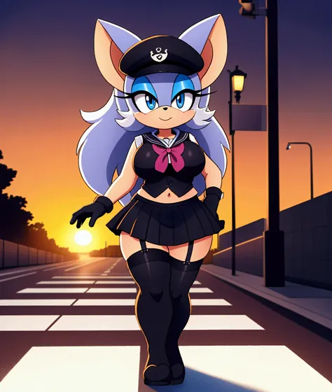 rouge the bat, blue eyes ,schoolgirl vest, sailor hat , long hair ,,schoolgirl skirt, black stockings with straps,,  black glove...