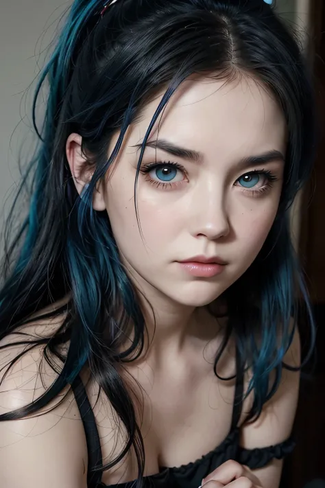 Create an image of a woman similar to the lead singer of the band Evanescence , Amy Lee, with blue hair similar to that of Clementine from Eternal Sunshine and alternative style 