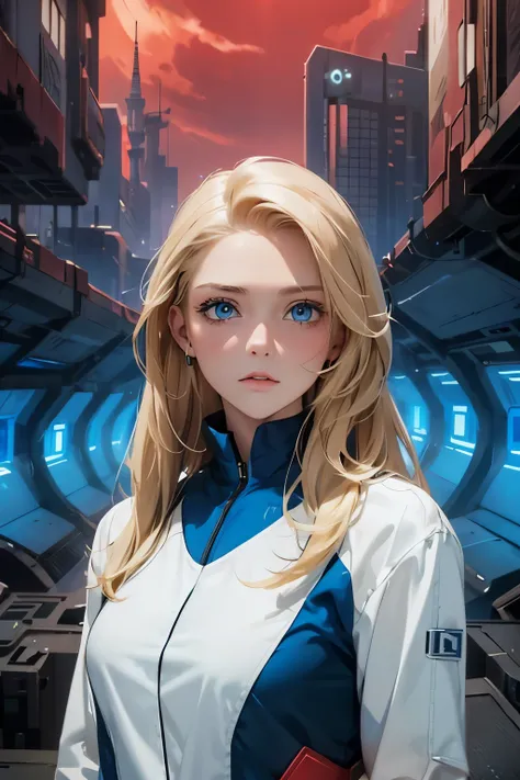 A beautiful woman. Blonde hair and blue eyes. Twenty years old. She is looking at the camera with a serious expression. She is wearing a long-sleeved shirt. A futuristic city spreads out in the space behind her. The sky above the city is dyed red. She is i...