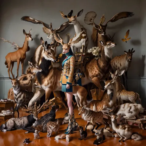 arafed image of a woman standing in front of a large collection of taxidermy, perfect maximalistic composition, in style of tim walker, taxidermy, wes anderson and gucci, erwin olaf, inspired by Karel Dujardin, tim walker, inspired by Frieke Janssens, anth...