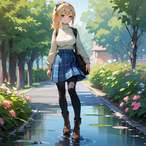 ( high quality,  Hi-Res, Very detailed, reality:1.37), Peaceful atmosphere, (Outdoor, garden),  teenage girl standing alone, (My breasts are large.), Beautiful details,  cute smile, ( blonde ponytail ), Ribbed sweater,  blue plaid skirt, Black tights, Brow...