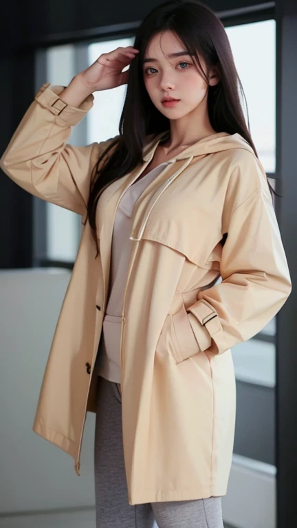 cinematic lighting, masterpiece, UHD, anatomically correct, textured skin, super detail, high quality, award winning, highres, 16k, 8k, full body shot, a young korean woman, age 25, medium breast, ((Hoodie with a Trench Coat and Leggings)), proud pose, neu...