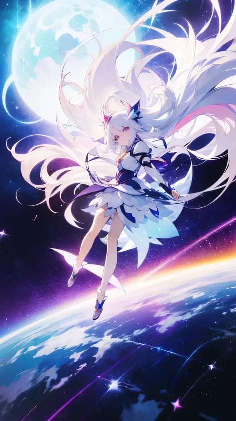 anime girl with long white hair and a star in her hair, White-haired goddess,  anime girl with space hair , star(null) starry_null,  cute girl anime visual ,  Splash Art Anime Lori ,  white shining aura , White Hair Girl, Ethereal Anime, akasuki voidstar, ...