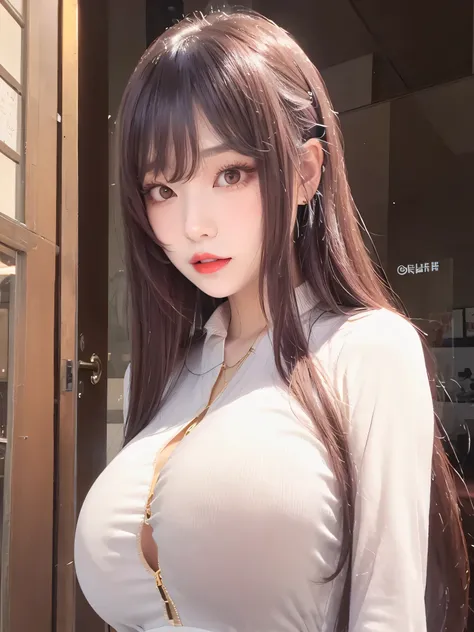 Ultra-detailed、Hanfu Chinese female celebrity office lady wearing a tight white blouse, red lips, long silky purple hair, perfect swept bangs, gold hair ornament, attractive beauty, long black eyelashes, seductive young skinny woman、pretty thin woman、pierc...