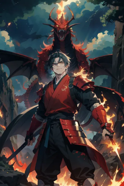 An anime-style ninja in sleek, battle-worn clothing with a dragon insignia on his armor. He unleashes a massive, fiery red dragon made of pure energy, surrounding him like a shield. The dragon’s flames illuminate the ninja’s face, showing intense, determin...