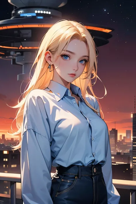 A beautiful woman. Blonde hair and blue eyes. Twenty years old. She is looking at the camera with a serious expression. She is wearing a long-sleeved shirt. A futuristic city spreads out in the space behind her. The sky above the city is dyed red. She is i...