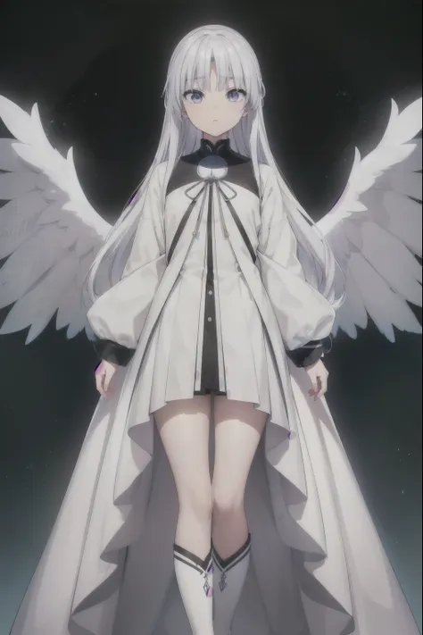 a beautiful young girl with white hair and angelic wings,  highly detailed anime style illustration , 1girl, detailed facial fea...