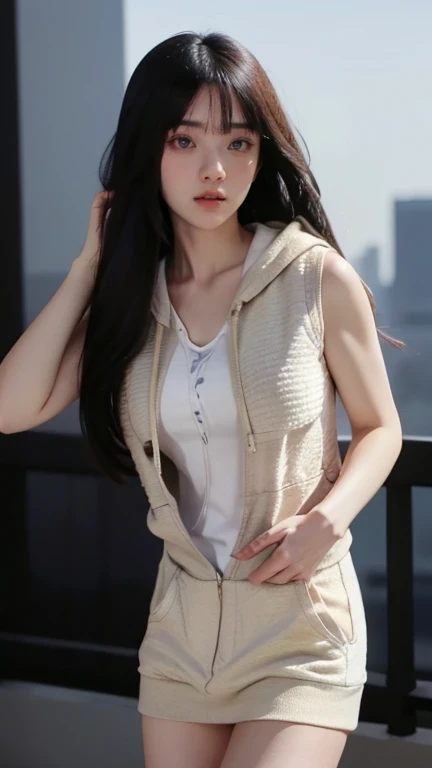 cinematic lighting, masterpiece, UHD, anatomically correct, textured skin, super detail, high quality, award winning, highres, 16k, 8k, full body shot, a young korean woman, age 25, medium breast, ((Layered Hoodie with a Longline Vest)), proud pose, neutra...