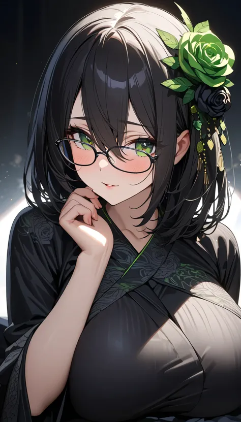 quality(8k,wallpaper of extremely detailed CG unit ,(masterpiece, Highest quality:1.2), (masterpiece, Highest quality:1.2), (1girl), alone, ((medium hair)), ((black hair)), (straight hair), (((hair over face))), (hair between eyes), (glasses) (black kimono...