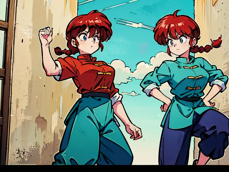 (8K, RAW photos,   Best quality  , masterpiece:1.2), ranma-chan,  Ranma red shirt,  red hair , braided belt ,  blue pants , Martial Arts