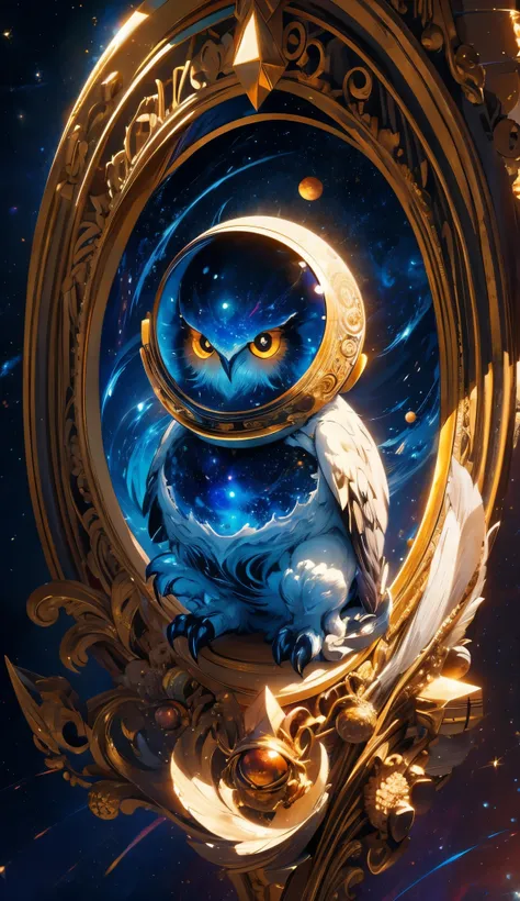 Print of a cosmic owl, with the background of planets and stars  