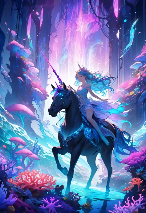 "A beautiful young woman riding a majestic unicorn, set in a fantastical, neon-lit underwater world. The unicorn glows with neon blue and purple hues, while the girl has flowing hair and wears ethereal, modern attire that shines with iridescent colors. The...