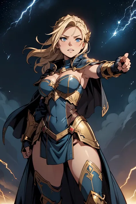 Score_9, Score_8_up, Score_7_up, Score_6_up, Score_5_up, Score_4_up, Source_anime, Tag1, Tag2, Quality_masterpiece, Anatomically correct, full figure of, blonde haired Norse goddess wearing a helmet, dark blue armor with gold trim, armored Gauntlet. cape w...