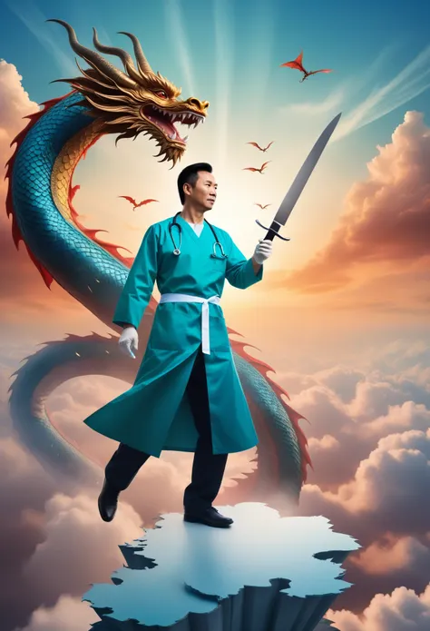 a doctor is standing on a huge surgical knife flying in the sky, beautiful sky, standing on a big scalpel to fly, Chinese dragon background