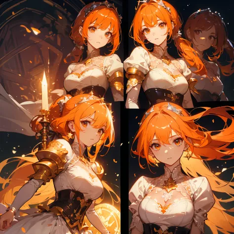 ((masterpiece,  highest quality )),  detailed facial ,  character design sheet ， whole body, Full of details, Multiple poses and expressions,  Very detailed, depth, Many parts， Beautiful Paladin， Holding a shield ，Twin ponytails，Fantasy style，Orange Carame...