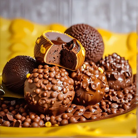 there are a lot of chocolate balls on a yellow plate, chocolate, brown, brown ) ), chocolate. intricate background, tasty with s...