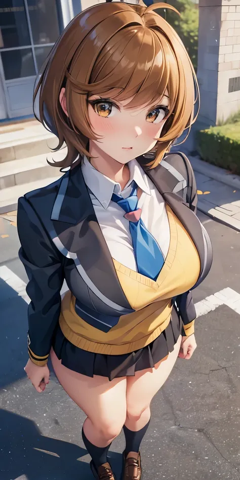 1 Female,High definition,high resolution,Ultra-realistic,8K, hmza, short hair, antenna hair, brown eyes, school uniform,( blue necktie), (yellow shirt),(black jacket), long sleeves, black skirt,tight skirt , miniskirt ,brown shoes,large breasts,European,se...