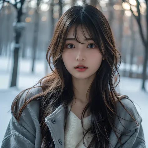  1 beautiful Japanese woman 、Age 25、Im wearing a big gray hoodie、 slender、 medium breasts、Brown wavy hair、 upper body shot、Beautiful winter background with outdoor snow 、(Light the face from the front)