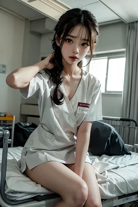 Small breasted girl,Hospital nurse,Flat Chest,Slender body,Knee,White uniform,Tie your hair back,