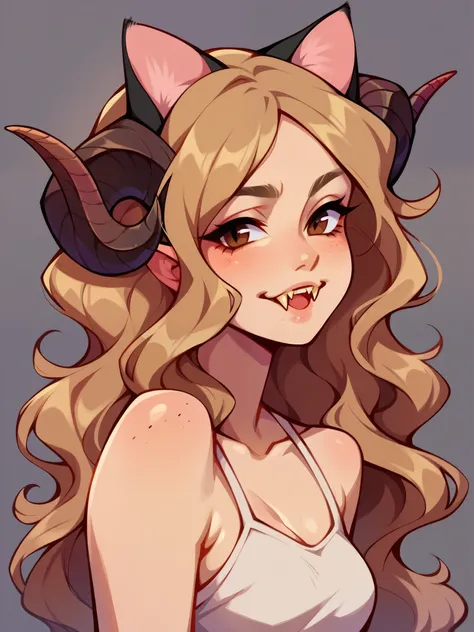 Half body, A pretty woman, long blond wavy hair, Brown eyes, Casual clothes, cat ears and tail, fangs, horns, sexy, 