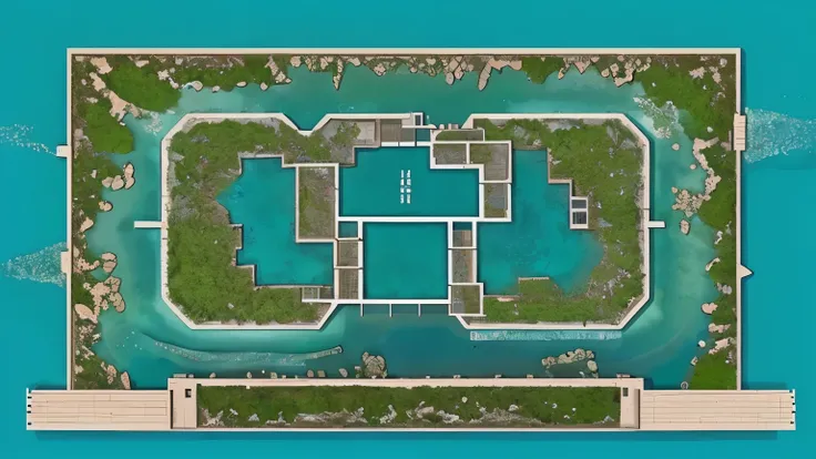 Create a top-down schematic illustration of a mangrove pond ecosystem. Show a rectangular pond with a central area of green mangrove trees surrounded by blue water. Include water gates on the sides with brown boundary walls around the pond. Labels should i...