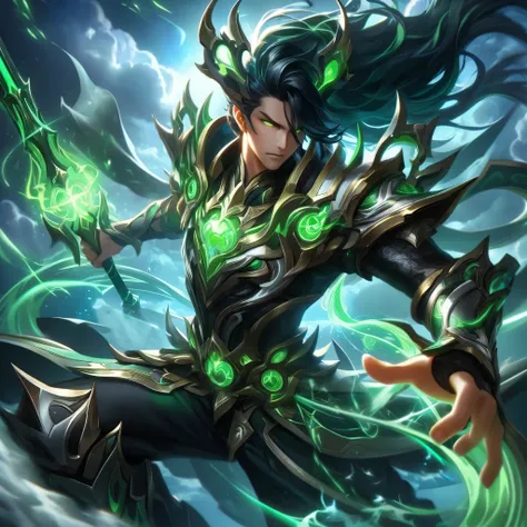 Powerful Yone Dawnbringer from Mobile Legends Bang Bang with flowing bright green and black hair, accented with glowing stripes. He wears ornate armor with sharp, angular designs and bright mystical symbols shining on his chest and weapons, horn-like struc...