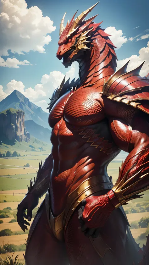 A professional photo of a man and a colossal-size red dragon with intricate shimmering shining scales. The man is having conversations with the dragon while they at the flat plain green field. The background contains more mountains and trees. The image is ...