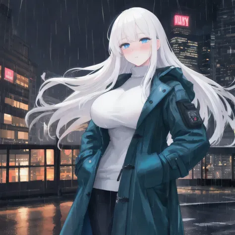 1 , Night City, rain, coat, hands in pockets, white hair, blue eyes.  High resolution,  masterpiece , anatomically correct, Necessary,  best quality , HD model, Ultra HD,  Super detail,  Ultra realistic, 4K, 8k,  perfect body , detailed body,  perfect hand...