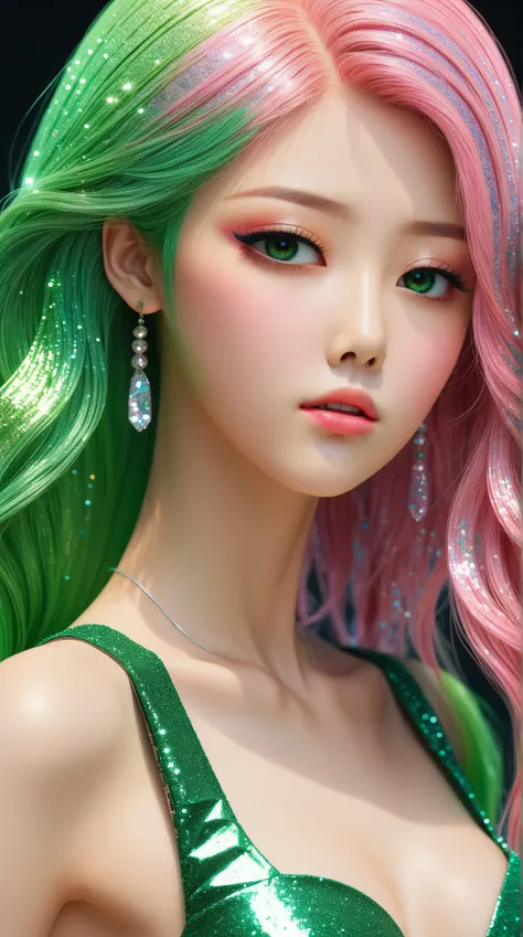 a young japanese girl with slender body, big breasts, long flowing pink and green hair, green eyes, glitter skin, covered in glitter, sparkling, 3D, anime, manga style, ulzzang, porcelain doll, bright colors, shimmers, clear details, beautiful appearance, ...