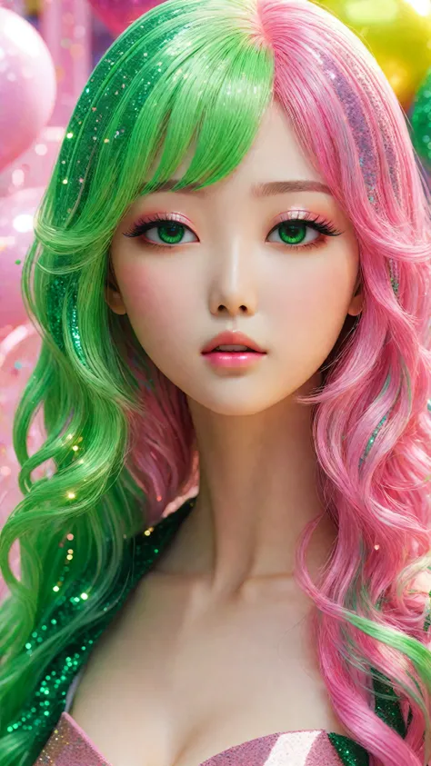 a young japanese girl with slender body, big breasts, long flowing pink and green hair, green eyes, glitter skin, covered in glitter, sparkling, 3D, anime, manga style, ulzzang, porcelain doll, bright colors, shimmers, clear details, beautiful appearance, ...