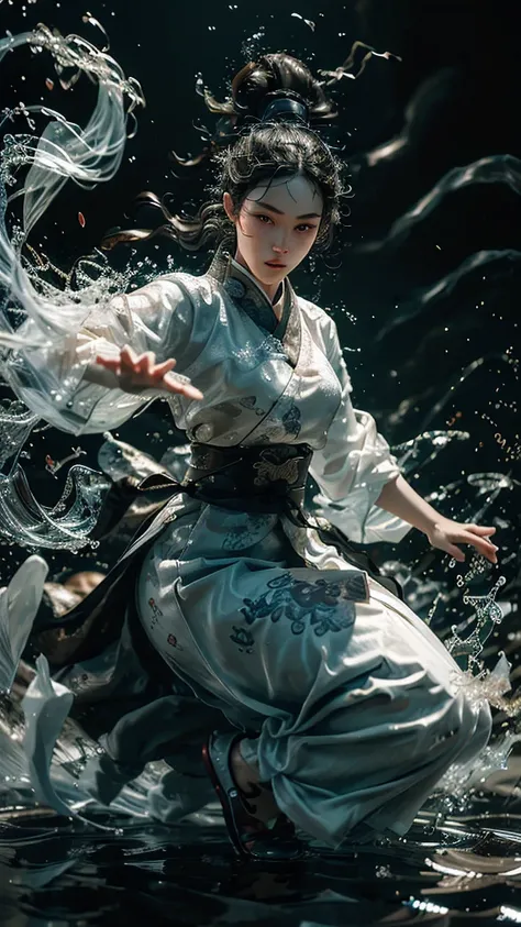 masterpiece, best quality, 32k, insane details, intricate details, hyperdetailed, hyper quality, high detail, ultra detailed, Masterpiece,martial artsChinese,ink painting,realism,martial arts,play light and shadow,green lights and shadow,Bauhaus photograp...