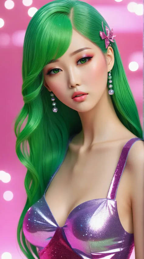 asian woman with slender body, big breasts, long flowing pink and green hair, green eyes, glitter skin, covered in glitter, sparkling, 3D, anime, manga style, ulzzang, porcelain doll, bright colors, shimmers, clear details, beautiful appearance, perfect an...