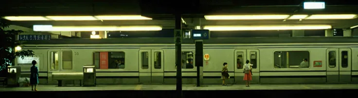 there is a train that is parked at the Get up to the station at night,  a girl waiting for a train , Underground Scene, Tatsuro Kiuchi, praise,  is set in a Tokyo bank parking lot, Stills from the estate,  Wong Ka-wai Style , 1985 rough cinematography ,  2...