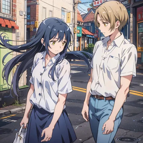 miko and natsume takashi are walking besides each other on a small town scenario, they are facing each other, miko has yellow ey...