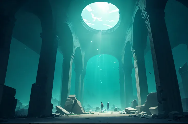 (masterpiece, Best Quality, Super detailed,anime,8k,), A place like an underwater ruins is depicted ,Symmetrical ruins ,( There is a large hole in the ceiling 、The light is coming from there),, The pillars and arches of the ruins are about to collapse ,, c...