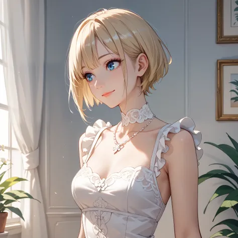 １A woman in her 30s、 short cut hair、 blue eyes、looking away、Blonde、closed-mouth smile、( smaller breasts)、 Slim Body 、 Wedding Style、Gorgeous white dress、White lace、White frills、white gorgeous necklace