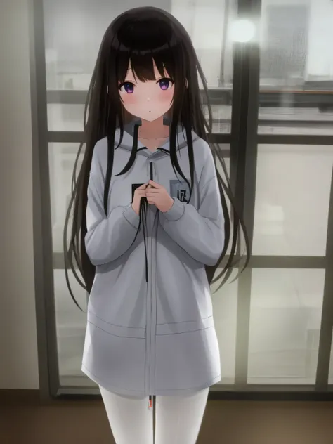 1 girl at home, solitary, underwear, long_hair,  black hair, pantyhose, purple eye, , pantyhose_pull,  blush, groin, white_, umb...