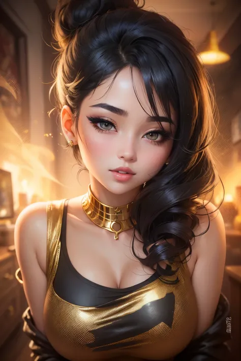 Sexy woman, black hair tied in a bun, smokey eyes, eyeliner, blushing intensely, fairest skin, plump face, soft lips, gold blouse, pinned against a wall