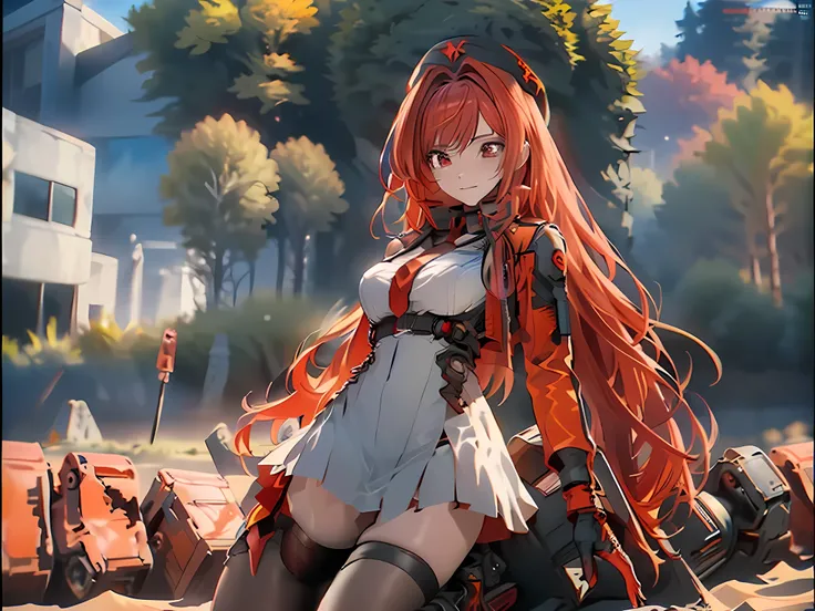 ((Best quality)), ((masterpiece)), (detailed:1.4), 3D, an image of a beautiful cyberpunk female, long burning red hair, burning hair, Red eyes, Black Barret Hat, Red Soldier Shirt, White undercloth, black panty, black skirt, black thick boot, long black kn...