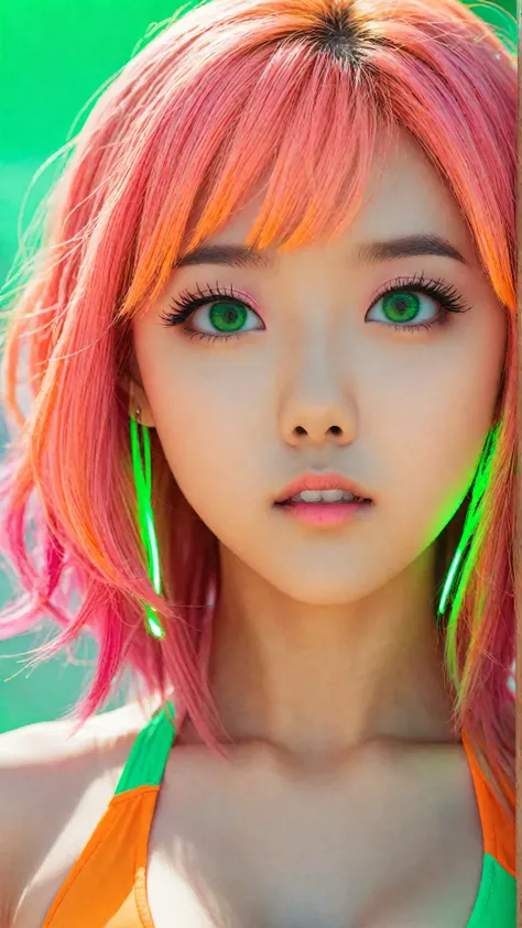 1girl, japanese girl, pink hair, big green eyes, ulzzang, open stance, middle hair, eye focus:1.3, upper body, gradient eyes:1.3, neon orange micro bikini:1.3, clear face:1.3, cute face, huge breasts, cleavage, neon abstract background:1.5, edgy graphic de...