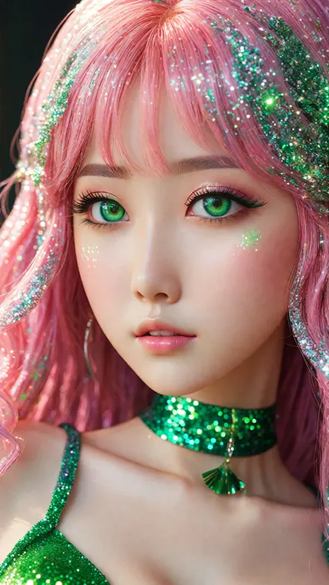 a young japanese girl with slender body, big breasts, long flowing pink and green hair, green eyes, glitter skin, covered in glitter, sparkling, 3D, anime, manga style, ulzzang, porcelain doll, bright colors, shimmers, clear details, beautiful appearance, ...