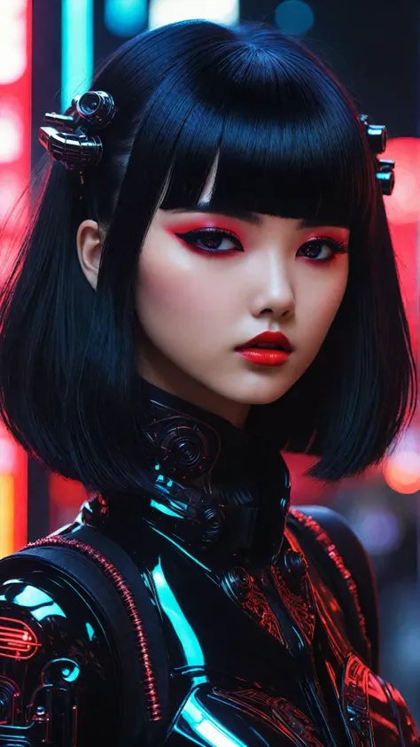 ((best quality)), ((masterpiece)), (detailed), perfect face of cyberpunk mecha japanese girl, shiny black eyes, shiny black body, shiny black hair, ((monochromatic black color palette)), surreal, art nouveau, in the illustrative style of moebius, spaceship...