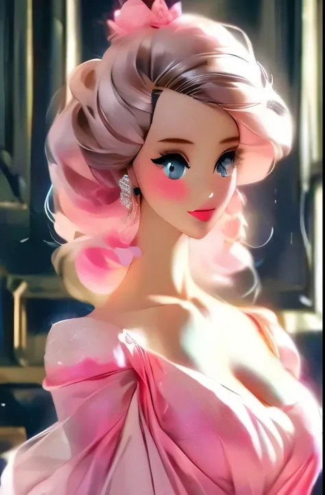 a barbie doll in a black dress with pink flowers, extravagant dress, black and pink dress, brilliant pink ball gown, expensive voluminous dress, wearing a pink ballroom gown, inspired by Victor Mosquera, wearing pink floral gown, black white pastel pink, p...