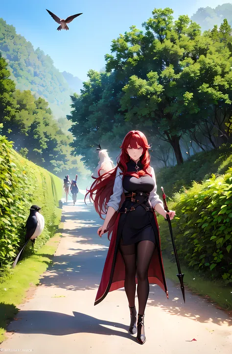 20 year old woman, long red hair, black mages outfit, mages staff, walking to mages academy, sunny day, beautiful nature, birds flying in the distance