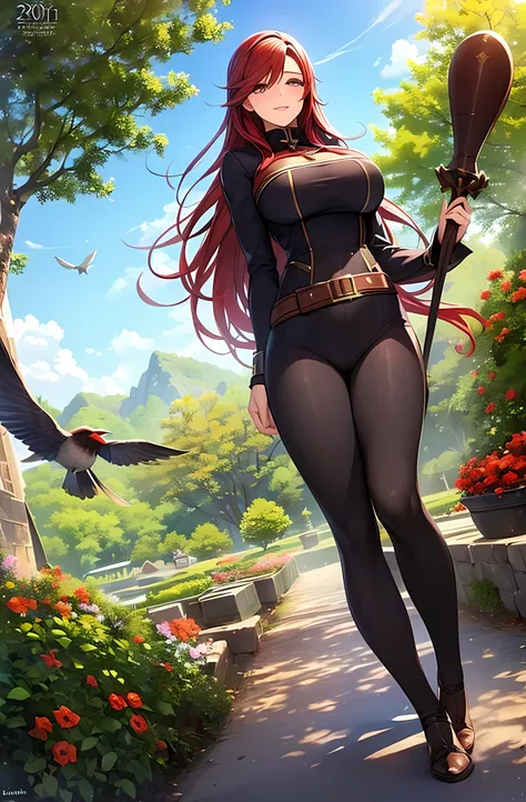 20 year old woman, long red hair, huge breasts, black mages outfit, mages staff, walking to mages academy, sunny day, beautiful nature, birds flying in the distance