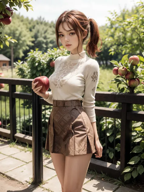 girl, (holding apple:1.2), green traditional clothing, (young, early teen, cute), (breasts:1.2), snug clothing, pony tail, side ...