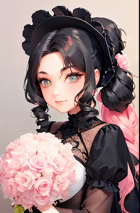 a lady in a black dress with pink flowers, a digital rendering inspired by Victor Mosquera, tumblr, rococo, extravagant dress, brilliant pink ball gown, black and pink dress, expensive voluminous dress, wearing a pink ballroom gown, wearing pink floral gow...