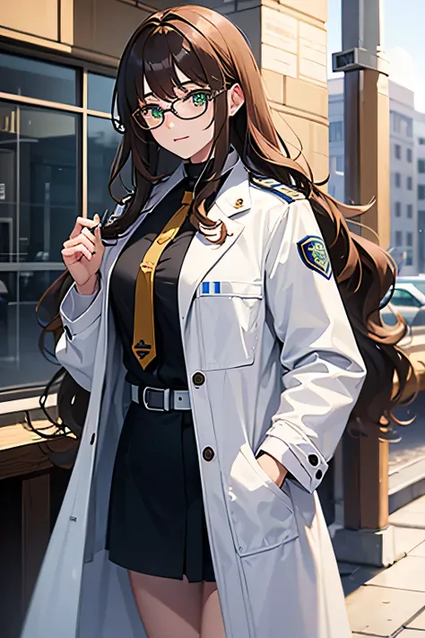 Female, police officer, white coat, green eyes, long hair, wavy hair, brown hair, freckles, glasses